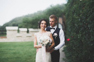 Botanik parkında yürüyen mutlu bir çift.