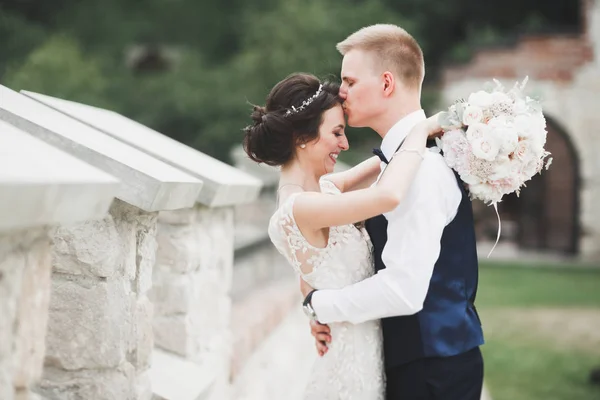 Mükemmel bir çift gelin ve damat düğün günlerinde poz verip öpüşürler. — Stok fotoğraf