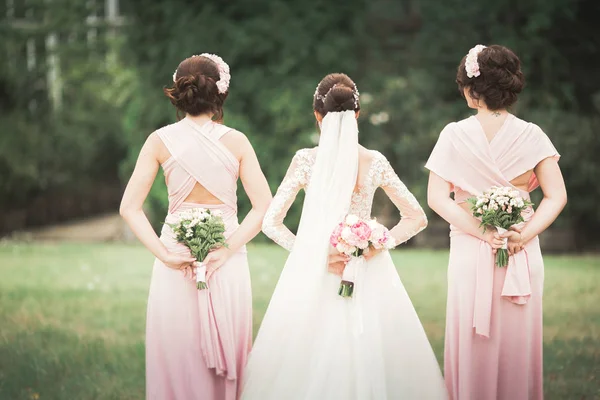 Novia con damas de honor en el parque el día de la boda —  Fotos de Stock