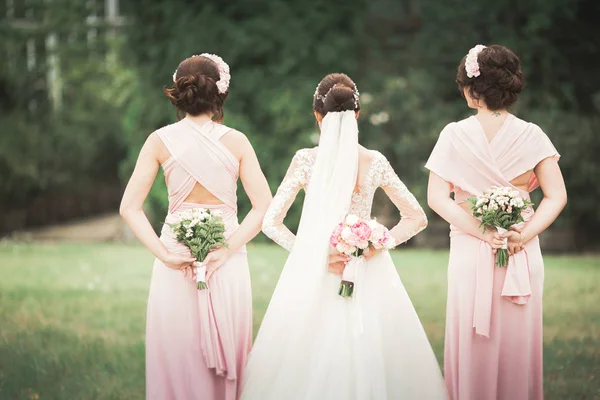 Novia con damas de honor en el parque el día de la boda — Foto de Stock