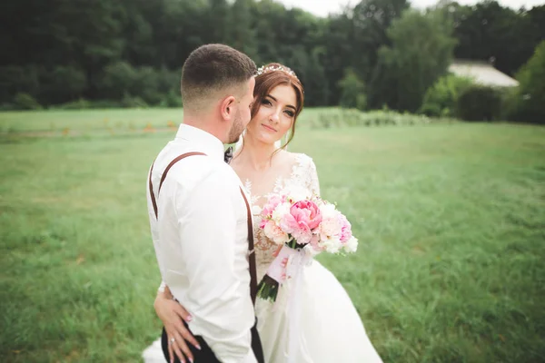 Romântico, conto de fadas, feliz casal recém-casado abraçando e beijando em um parque, árvores no fundo — Fotografia de Stock