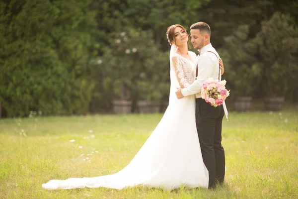 Casal romântico bonito casal de recém-casados abraçando no parque no pôr do sol — Fotografia de Stock