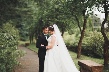 Mükemmel bir çift gelin ve damat düğün günlerinde poz verip öpüşürler.