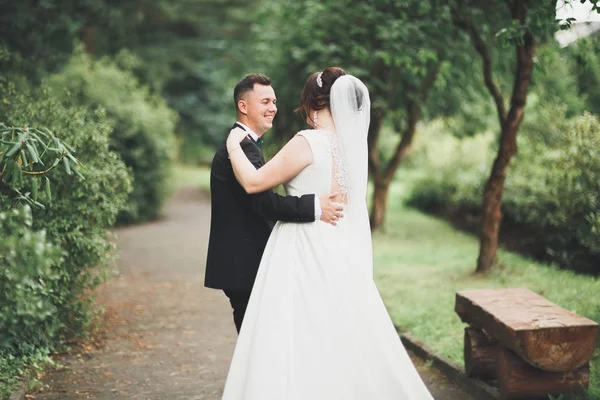 Happy wedding couple walking in a botanical park — Stock Photo, Image