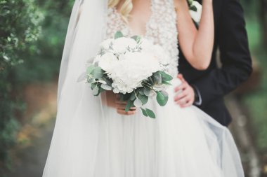 Romantik, peri masalı, mutlu yeni evli çift parkta sarılıp öpüşüyor, arka planda ağaçlar...