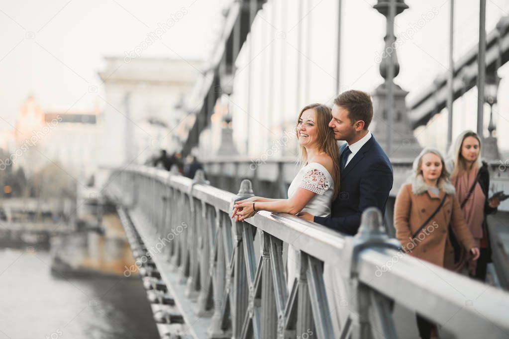 Young beautiful stylish pair of newlyweds on a bridge