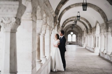 Romantik düğün anı, yeni evli çiftin gülümseyen portresi, gelin ve damadın kucaklaşması