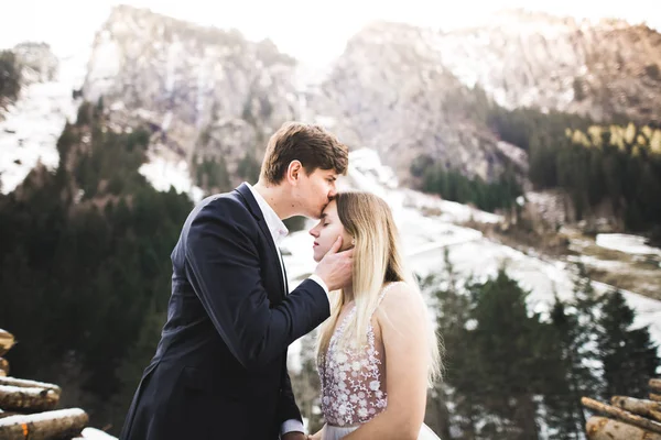 Schöne Braut und Bräutigam umarmen und küssen sich am Hochzeitstag im Freien — Stockfoto