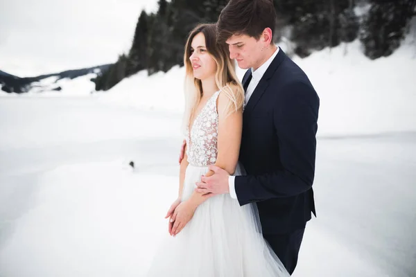 La pareja de boda en la naturaleza se está abrazando. Hermosa modelo chica en vestido blanco. Hombre de traje —  Fotos de Stock