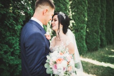 Parkta kucaklaşan yeni evli çiftin güzel romantik düğünü.