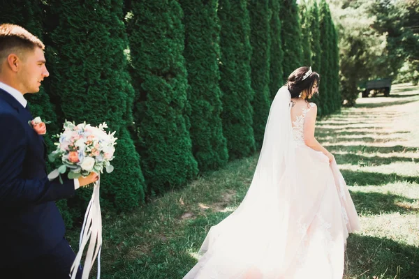 멋진 신혼 부부들 이 꽃다발을 들고 결혼식 날 공원을 거닐고 있다 — 스톡 사진