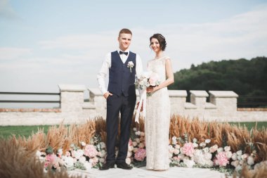 Lüks evli çift, gelin ve damat eski şehirde poz veriyor.