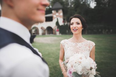 Mükemmel bir çift gelin ve damat düğün günlerinde poz verip öpüşürler.