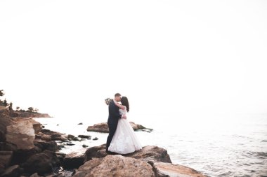 Şık, şık, mutlu bir düğün çifti, gelin, deniz ve gökyüzünün arka planında muhteşem bir damat.