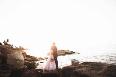 Güzel bir sahilde poz veren genç bir çiftin mutlu ve romantik sahnesi.