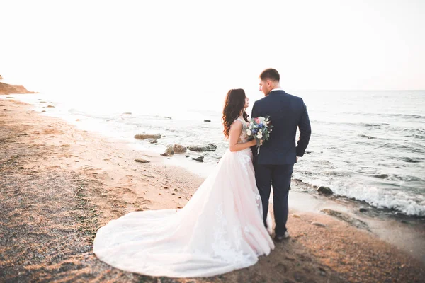 Elegante pareja de boda feliz elegante, novia, magnífico novio en el fondo del mar y el cielo —  Fotos de Stock