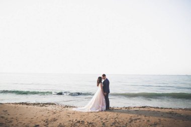 Düğün çifti mavi denizin yanındaki kayalarda öpüşüyor ve sarılıyor..