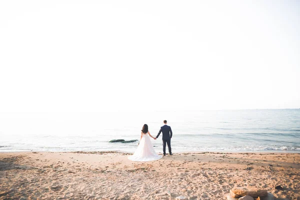 Pareja feliz boda quedarse sobre hermoso paisaje —  Fotos de Stock