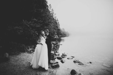 Bahar mevsiminde öpüşen düğün çifti. Yakın plan portre.