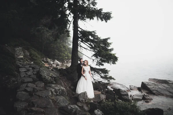 Pareja feliz boda quedarse sobre hermoso paisaje — Foto de Stock