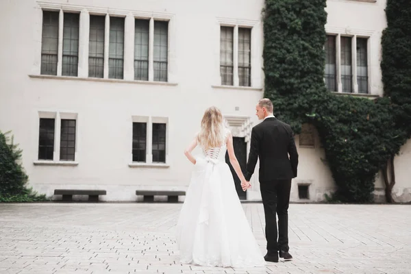 Perfektes Paar Braut, Bräutigam posiert und küsst sich am Hochzeitstag — Stockfoto