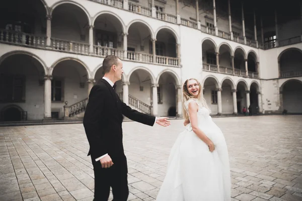 Perfect couple bride, groom posing and kissing in their wedding day — Stock Photo, Image