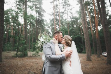 Kafkasyalı mutlu romantik çift evliliklerini kutluyor. Açık hava.