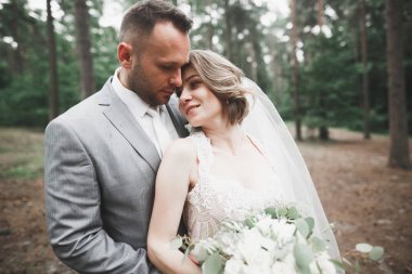 Mükemmel bir çift gelin ve damat düğün günlerinde poz verip öpüşürler.