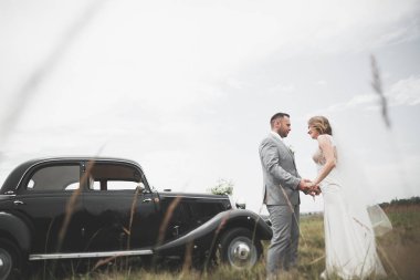 Kafkasyalı mutlu romantik çift evliliklerini kutluyor. Açık hava.