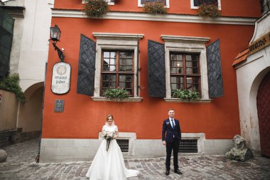 Mükemmel bir çift gelin ve damat düğün günlerinde poz verip öpüşürler.