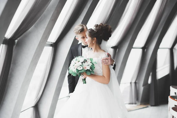 Coppia perfetta sposa, sposo posa e baci nel loro giorno del matrimonio — Foto Stock