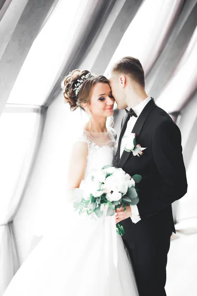 행복 한 행복 한 부부, 긴 흰색 드레스를 입은 신부 — 스톡 사진