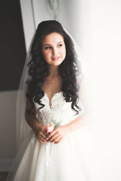 Hermosa novia con vestido de novia de moda con plumas con maquillaje de lujo deleite y peinado, estudio sesión de fotos interior — Foto de Stock