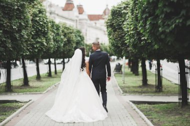 Güzel gelin ve damat düğün günlerinde kucaklaşıp öpüşürler.