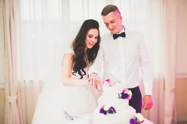 Novia y novio en la boda de corte de la torta de boda — Foto de Stock