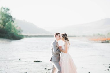 Bahar mevsiminde öpüşen düğün çifti. Yakın plan portre.