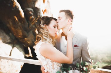 Harika bir gelin damada poz veriyor ve harika manzaralı dağlarda lüks bir tören yapıyor.