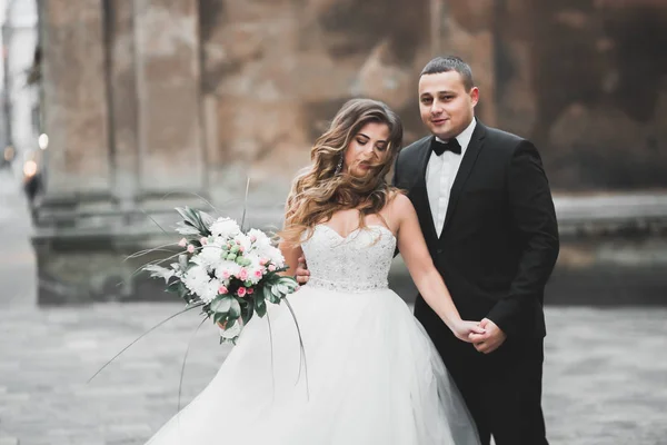 Lovely happy wedding couple, bride with long white dress — Stock Photo, Image