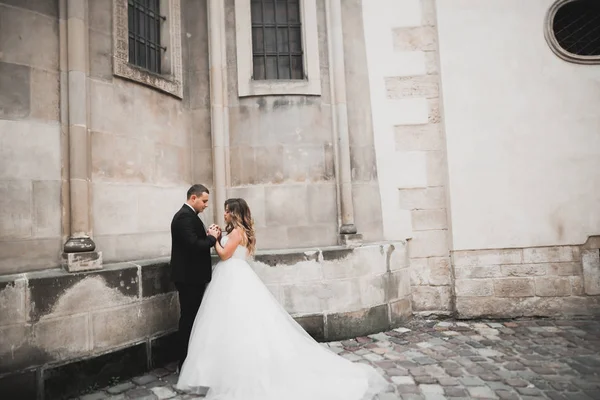 Preciosa pareja feliz boda, novia con vestido blanco largo —  Fotos de Stock