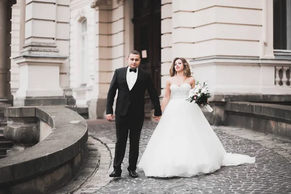 Härligt Lyckligt Bröllop Par Brud Med Lång Vit Klänning — Stockfoto
