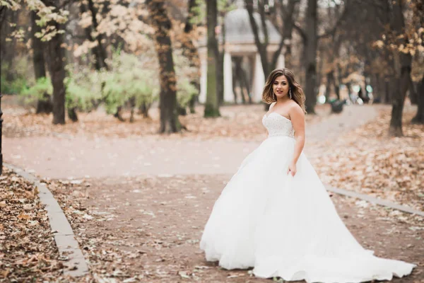 Красива наречена позує у весільній сукні на відкритому повітрі — стокове фото