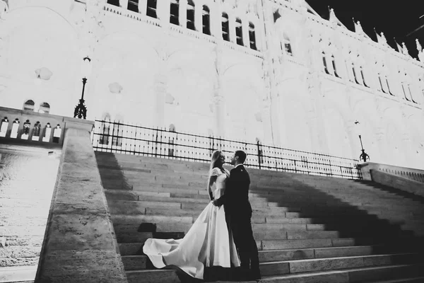 Couple de mariage sur la nature se serre dans ses bras. Belle fille modèle en robe blanche. Homme en costume — Photo