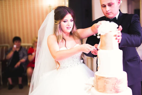 Noiva e noivo no casamento cortando o bolo de casamento — Fotografia de Stock