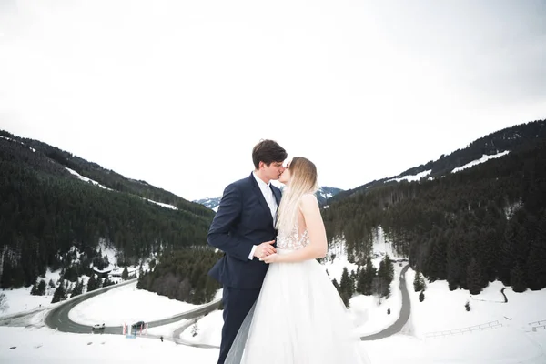 La pareja de boda en la naturaleza se está abrazando. Hermosa modelo chica en vestido blanco. Hombre de traje —  Fotos de Stock