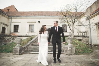 Şehvetli evli çift, eski Slav kalesinin önünde sevgililer günü kucaklaşması.