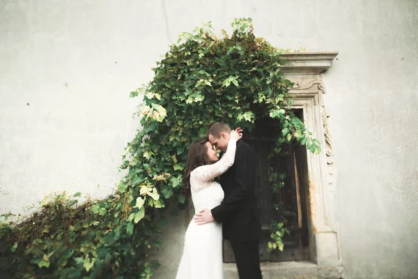 Hermosa pareja de recién casados cuento de hadas abrazándose cerca del antiguo castillo medieval —  Fotos de Stock