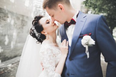 Mükemmel bir çift gelin ve damat düğün günlerinde poz verip öpüşürler.