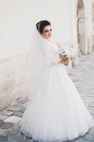 Bella sposa di lusso in elegante abito bianco — Foto Stock