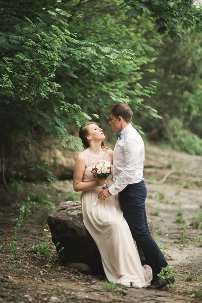 Elegante novio elegante y elegante novia cerca del río con piedras. Pareja de boda enamorada — Foto de Stock