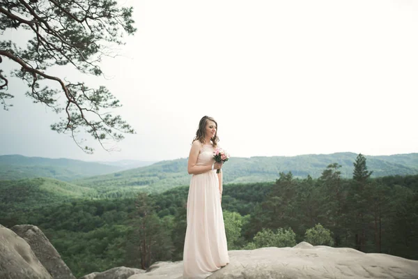 Belle mariée posant près des rochers sur fond les montagnes — Photo